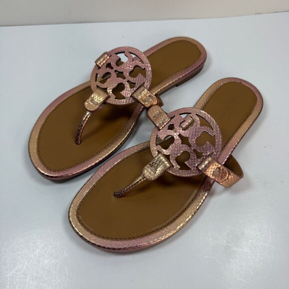 Tory Burch Shoes - Tory Burch Miller Metallic Sandals Womens 7 M Embossed Snake Emblem Logo Coral